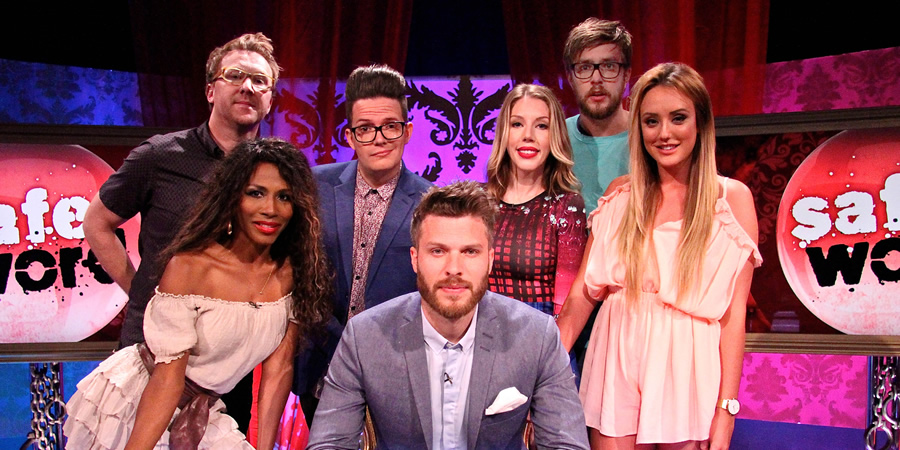 Safeword. Image shows from L to R: Jason Byrne, Sinitta, David Morgan, Rick Edwards, Katherine Ryan, Iain Stirling, Charlotte Crosby