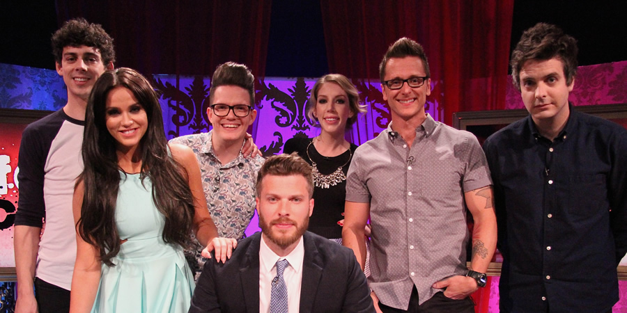 Safeword. Image shows from L to R: Matt Richardson, Vicky Pattison, David Morgan, Rick Edwards, Katherine Ryan, Ritchie Neville, Tom Craine