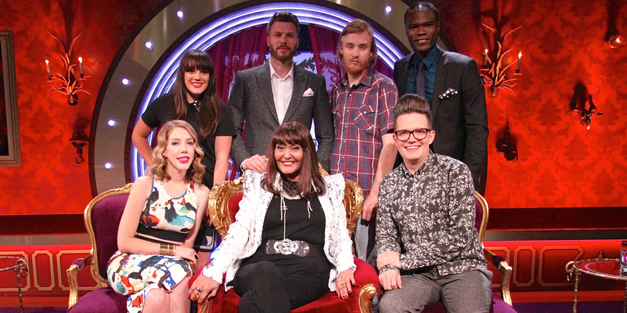 Safeword. Image shows from L to R: Katherine Ryan, Vikki Stone, Rick Edwards, Hilary Devey, Bobby Mair, David Morgan, Brian Belo