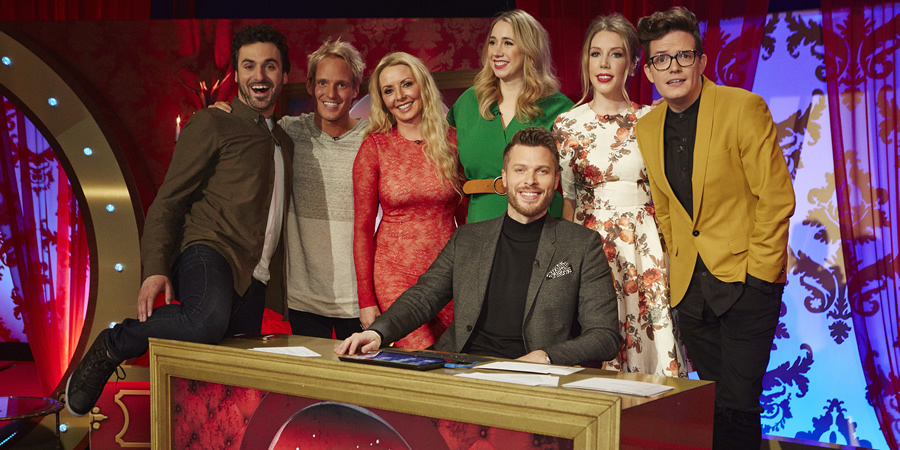 Safeword. Image shows from L to R: Patrick Monahan, Jamie Laing, Carol Vorderman, Tiffany Stevenson, Rick Edwards, Katherine Ryan, David Morgan