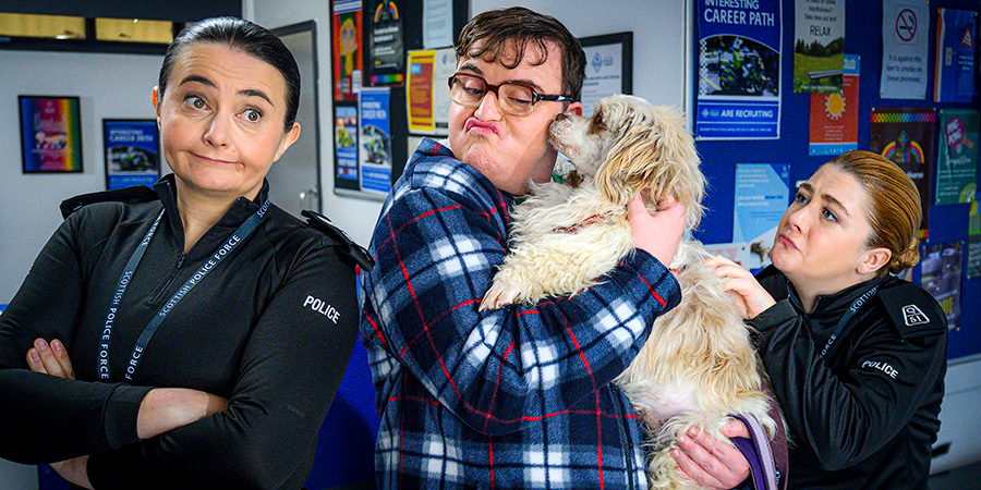 Scot Squad. Image shows left to right: Sergeant Karen Ann Millar (Karen Bartke), Bobby Muir (Darren Connell), PC Sharon McKelvie (Phoebe Connolly)