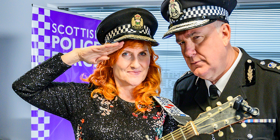 Scot Squad. Image shows from L to R: Eddi Reader, Chief Commissioner Cameron Miekelson (Jack Docherty)