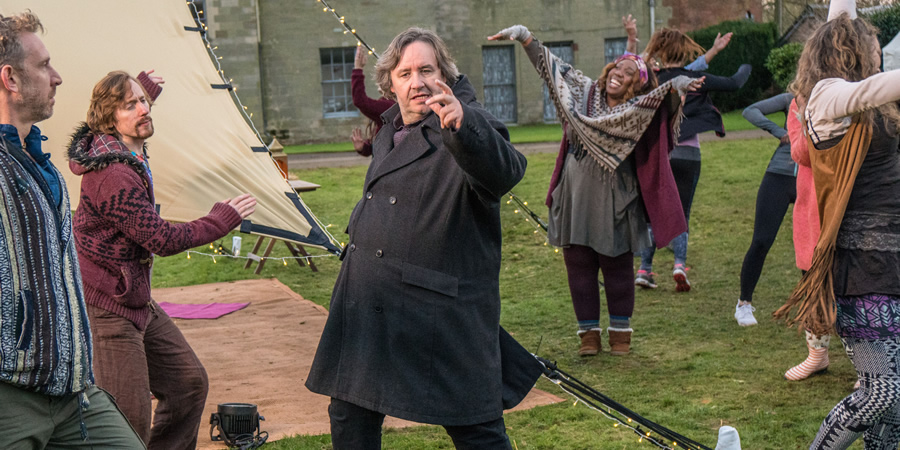 Shakespeare & Hathaway - Private Investigators. Image shows from L to R: Rex Olson (Paul Thornley), Frank Hathaway (Mark Benton), Sandra Kingly (Chizzy Akudolu). Copyright: BBC