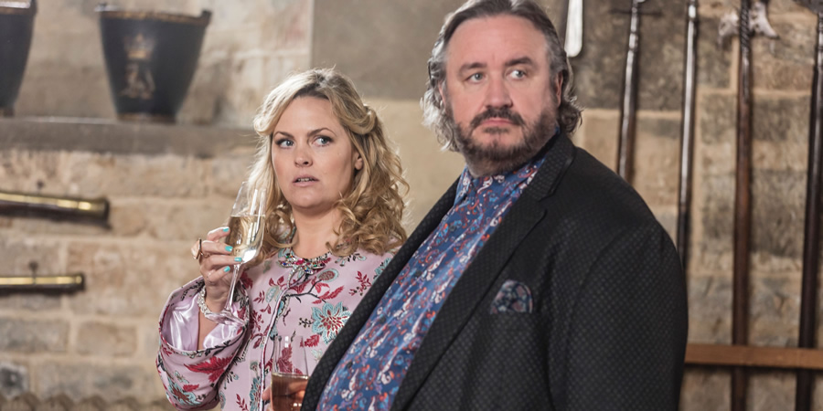 Shakespeare & Hathaway - Private Investigators. Image shows from L to R: Luella Shakespeare (Jo Joyner), Frank Hathaway (Mark Benton)