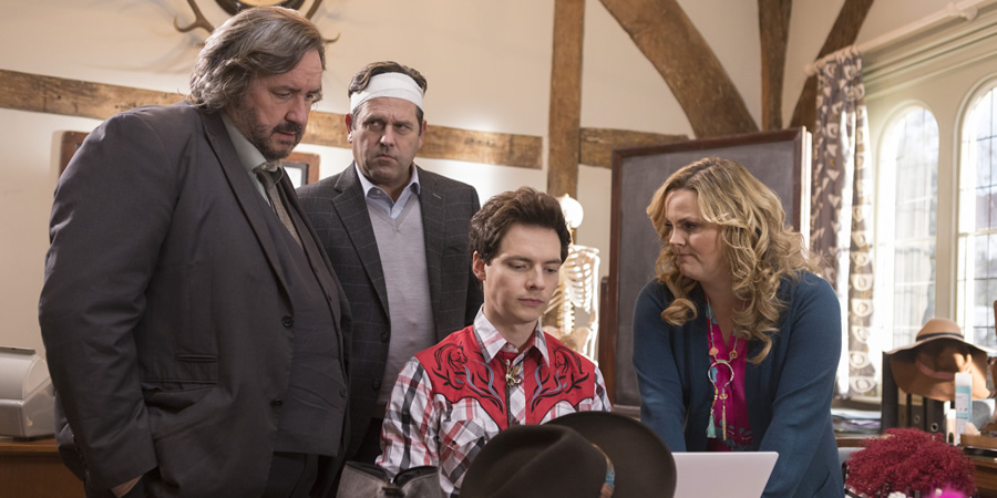 Shakespeare & Hathaway - Private Investigators. Image shows from L to R: Frank Hathaway (Mark Benton), Alfred D'Angelo (Patrick Baladi), Sebastian Brudenell (Patrick Walshe McBride), Luella Shakespeare (Jo Joyner)