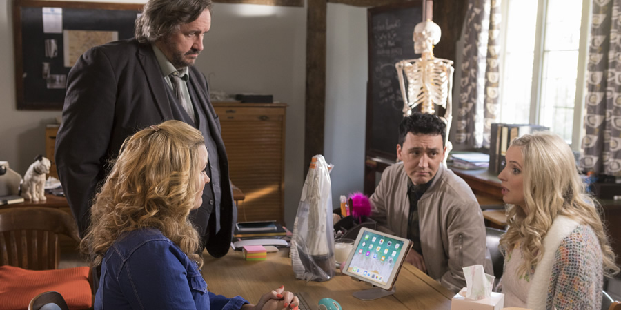 Shakespeare & Hathaway - Private Investigators. Image shows from L to R: Frank Hathaway (Mark Benton), Luella Shakespeare (Jo Joyner), Anthony Percy (Leon Williams), Bianca Percy (Alice Barlow)