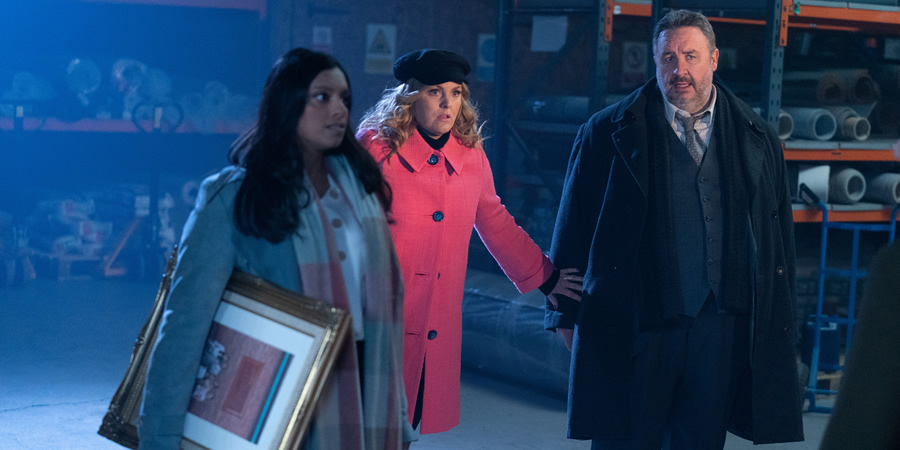 Shakespeare & Hathaway - Private Investigators. Image shows from L to R: Poonam Raja (Alexandra D'sa), Luella Shakespeare (Jo Joyner), Frank Hathaway (Mark Benton)