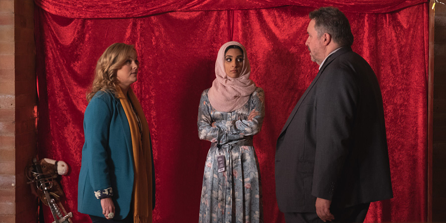 Shakespeare & Hathaway - Private Investigators. Image shows from L to R: Luella Shakespeare (Jo Joyner), Jasra Hatoum (Chandeep Uppal), Frank Hathaway (Mark Benton)