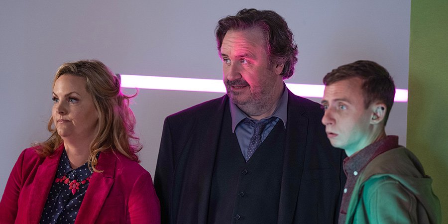 Shakespeare & Hathaway - Private Investigators. Image shows from L to R: Luella Shakespeare (Jo Joyner), Frank Hathaway (Mark Benton), Spider (Darren Evans)