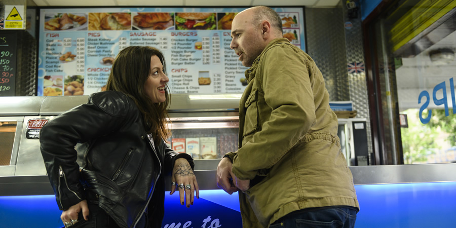 Sick Of It. Image shows from L to R: Lillie (Jo Hartley), Karl (Karl Pilkington)