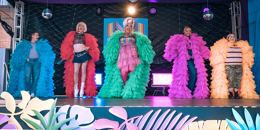 Smoggie Queens. Image shows left to right: Stewart (Elijah Young), Dickie (Phil Dunning), Mam (Mark Benton), Lucinda (Alexandra Mardell), Sal (Patsy Lowe)