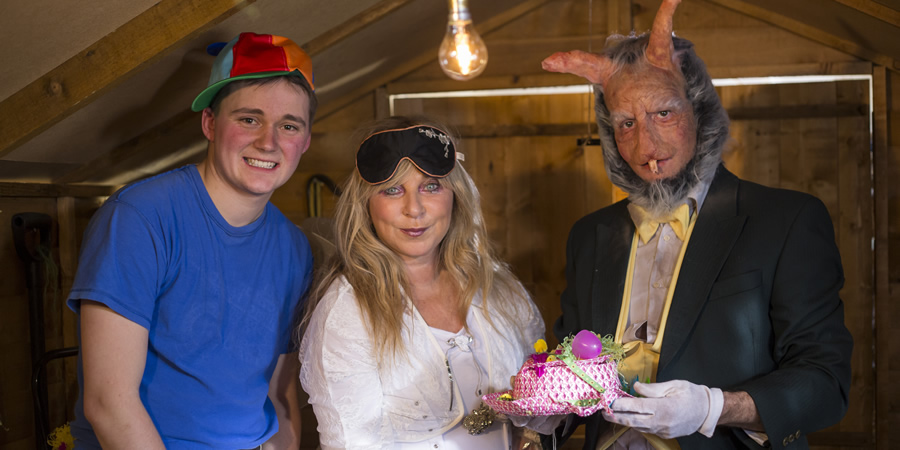 Some Sketches In A Shed. Image shows from L to R: Timmy (Adam Willis), Tooth Fairy/Sweet Tooth (Helen Lederer), Easter Bunny (Dan Tambling)