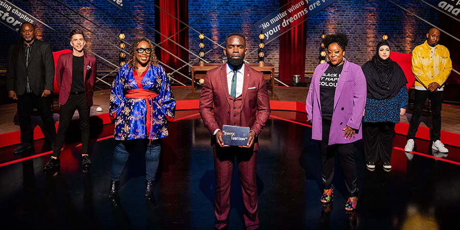 Sorry, I Didn't Know. Image shows from L to R: Reginald D Hunter, Russell Kane, Chizzy Akudolu, Jimmy Akingbola, Judi Love, Fatiha El-Ghorri, Dane Baptiste. Copyright: Triforce Productions