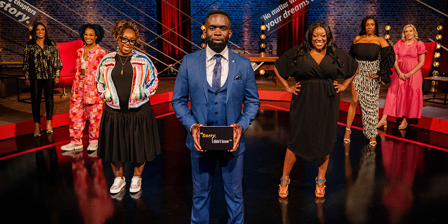 Sorry, I Didn't Know. Image shows from L to R: Shazia Mirza, Kemah Bob, Chizzy Akudolu, Jimmy Akingbola, Judi Love, Verona Rose, Sara Pascoe. Copyright: Triforce Productions