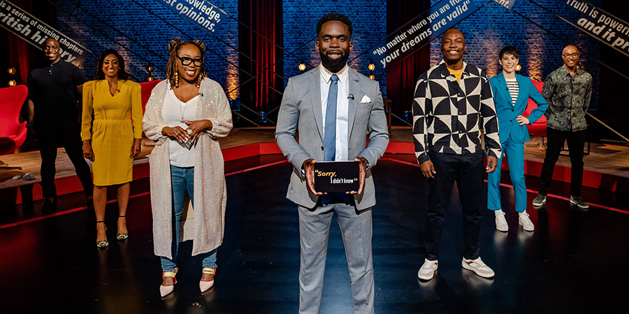 Sorry, I Didn't Know. Image shows left to right: Emmanuel Sonubi, Shazia Mirza, Chizzy Akudolu, Jimmy Akingbola, Eddie Kadi, Suzi Ruffell, Colin Jackson