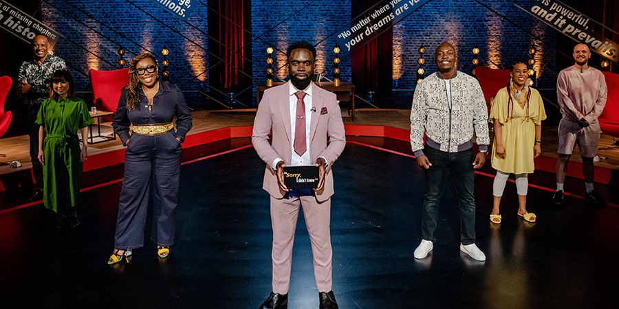 Sorry, I Didn't Know. Image shows left to right: Shaun Wallace, Yuriko Kotani, Chizzy Akudolu, Jimmy Akingbola, Eddie Kadi, Dominique Davis, Jack Barry