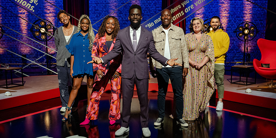 Sorry, I Didn't Know. Image shows left to right: Jordan Stephens, Oti Mabuse, Chizzy Akudolu, Jimmy Akingbola, Eddie Kadi, Kiri Pritchard-McLean, Kae Kurd