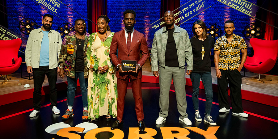 Sorry, I Didn't Know. Image shows left to right: Peter Rethinasamy, Gina Yashere, Chizzy Akudolu, Jimmy Akingbola, Eddie Kadi, Fiona Allen, Munya Chawawa