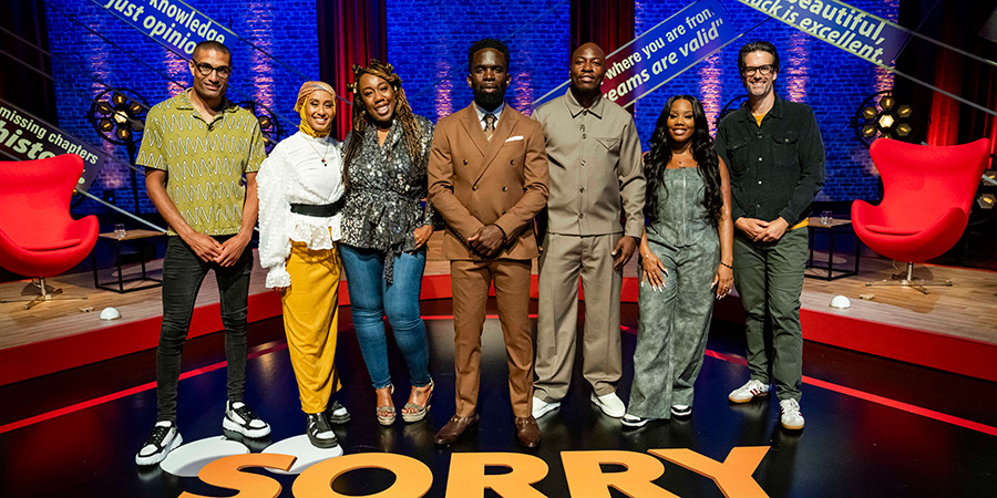 Sorry, I Didn't Know. Image shows left to right: Richie Anderson, Ola Labib, Chizzy Akudolu, Jimmy Akingbola, Eddie Kadi, Nadia Jae, Marcus Brigstocke