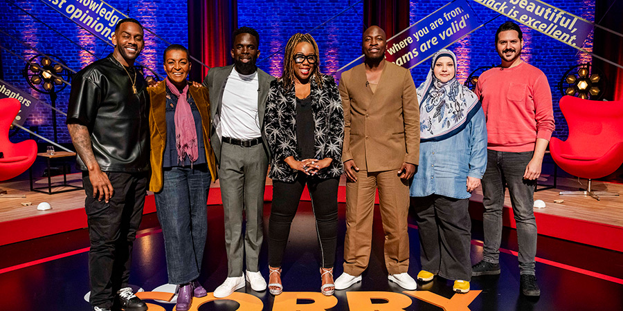 Sorry, I Didn't Know. Image shows left to right: Richard Blackwood, Adjoa Andoh, Jimmy Akingbola, Chizzy Akudolu, Eddie Kadi, Fatiha El-Ghorri, Ignacio Lopez