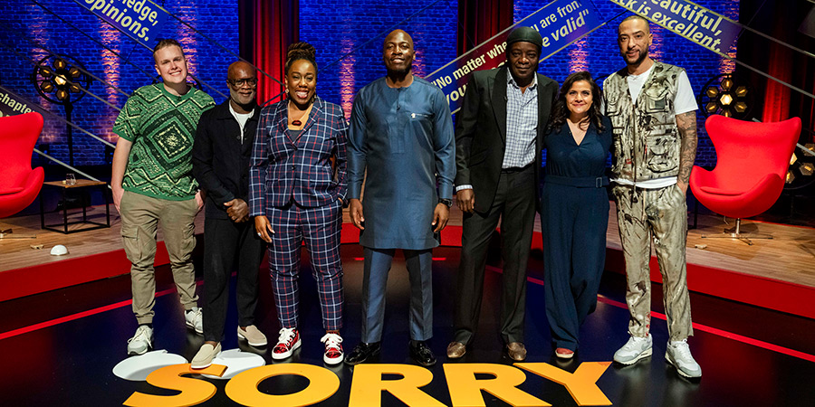 Sorry, I Didn't Know. Image shows left to right: Josh Jones, Eddie Nestor, Chizzy Akudolu, Eddie Kadi, Stephen K Amos, Nina Wadia, DJ Target