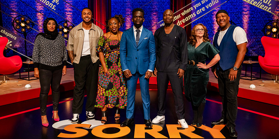 Sorry, I Didn't Know. Image shows left to right: Shazia Mirza, Tyler West, Chizzy Akudolu, Jimmy Akingbola, Eddie Kadi, Lucy Porter, Curtis Walker