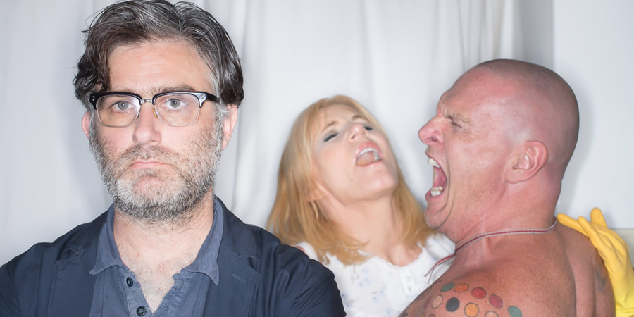 Sparebnb. Image shows from L to R: Derek (Dylan Harvey), Jill (Michelle Collins), Gary (Tony Pitts)