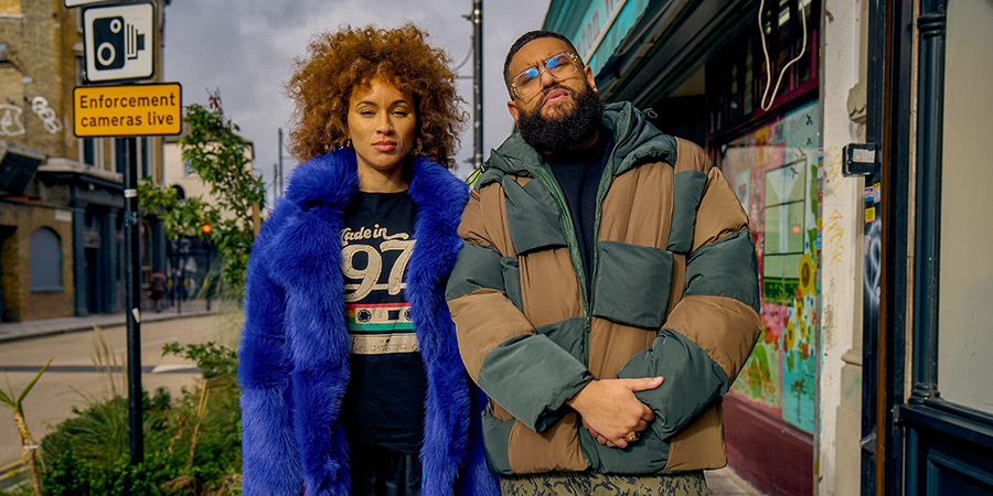 Spent. Image shows left to right: Mia (Michelle De Swarte), Marc (Jamali Maddix)