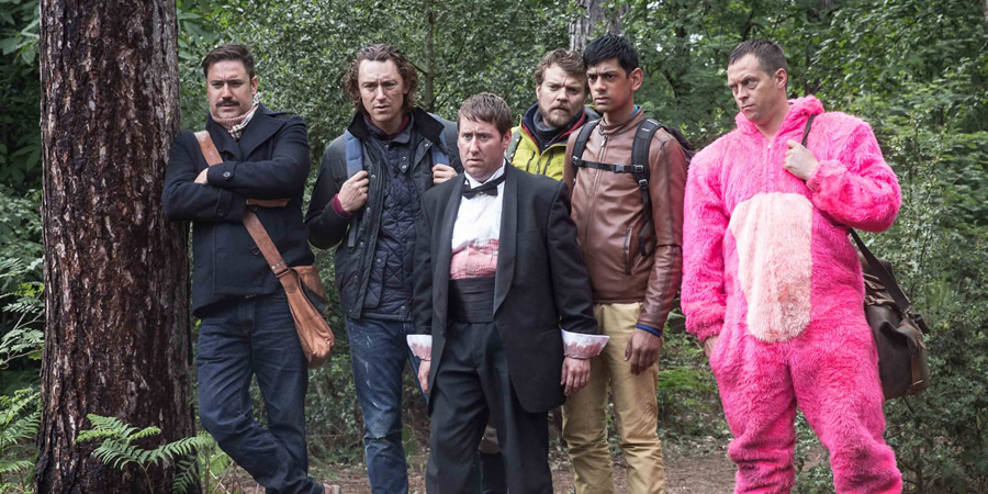Stag. Image shows from L to R: Cosmo (Rufus Jones), Ledge (JJ Feild), Ian (Jim Howick), Neils (Pilou Asbæk), The Mexican (Amit Shah), Johnners (Stephen Campbell Moore). Copyright: BBC / Idiotlamp