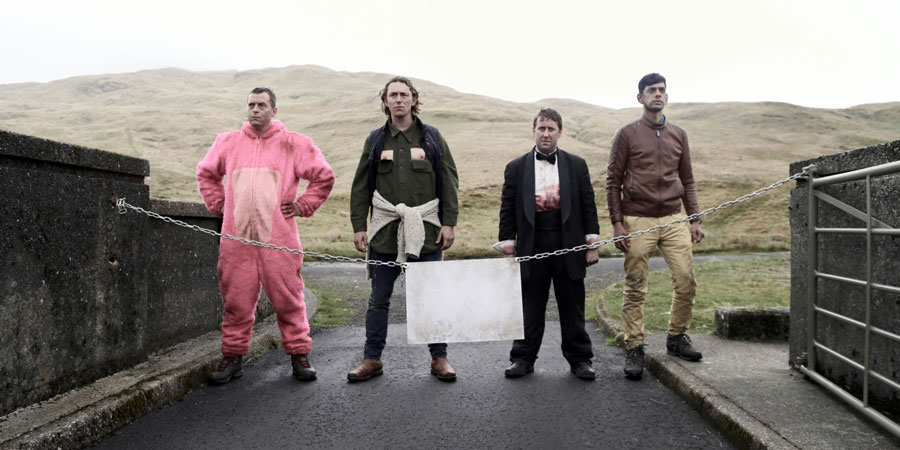 Stag. Image shows from L to R: Johnners (Stephen Campbell Moore), Ledge (JJ Feild), Ian (Jim Howick), The Mexican (Amit Shah). Copyright: BBC / Idiotlamp
