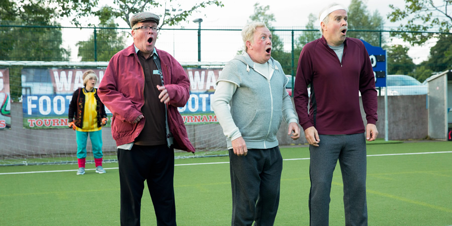 Still Game. Image shows from L to R: Isa Drennan (Jane McCarry), Winston Ingram (Paul Riley), Jack Jarvis (Ford Kiernan), Victor McDade (Greg Hemphill)