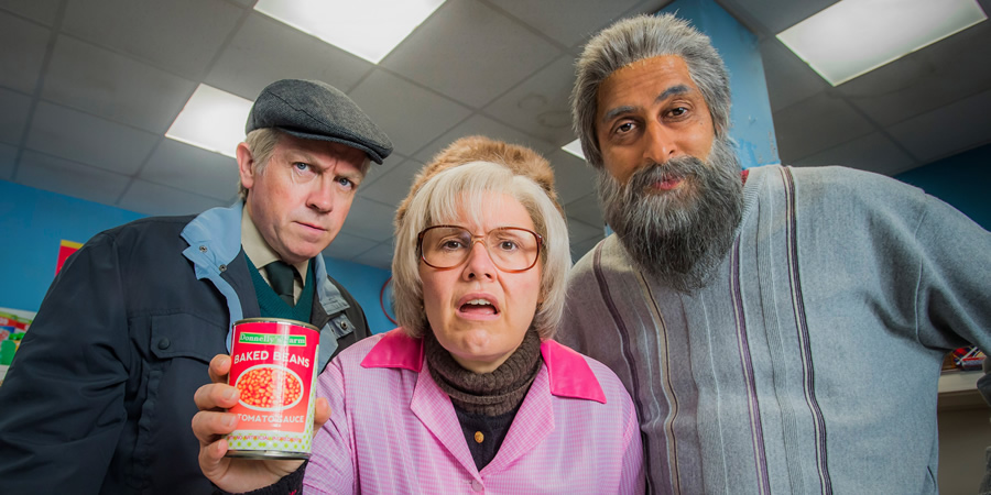 Still Game. Image shows from L to R: Tam Mullen (Mark Cox), Isa Drennan (Jane McCarry), Navid Harrid (Sanjeev Kohli)