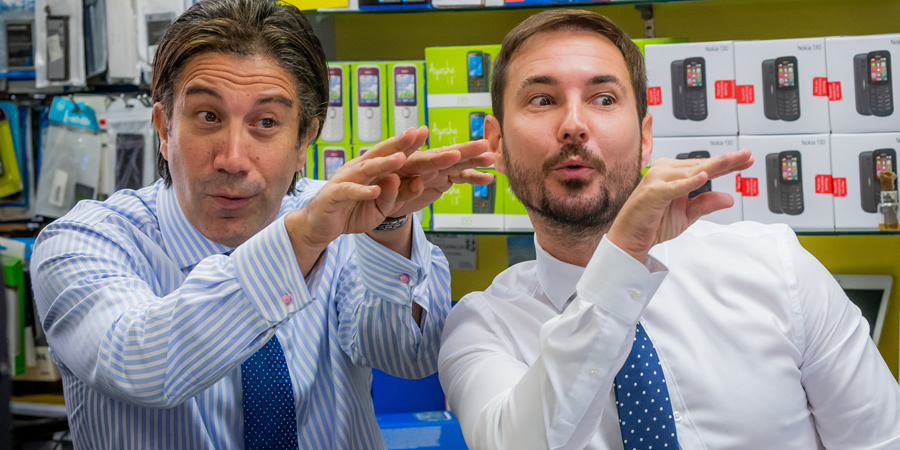 Still Game. Image shows from L to R: Phone Shop Assistant (Gianni Capaldi), Phone Shop Assistant (Martin Compston)