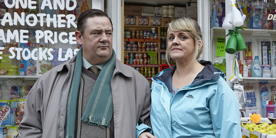 Still Open All Hours. Image shows from L to R: Wet Eric (Johnny Vegas), Kath Agnew (Sally Lindsay). Copyright: BBC