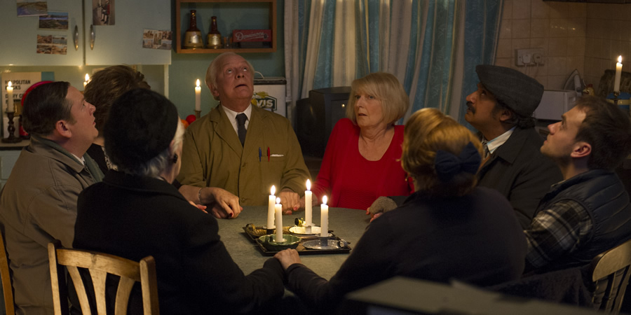 Still Open All Hours. Image shows from L to R: Wet Eric (Johnny Vegas), Granville (David Jason), Mavis (Maggie Ollerenshaw), Cyril (Kulvinder Ghir), Leroy (James Baxter). Copyright: BBC