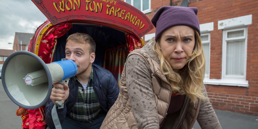 Still Open All Hours. Image shows from L to R: Leroy (James Baxter), Cindy (Misha Timmins). Copyright: BBC Still Open All Hours. Image shows from L to R: Leroy (James Baxter), Cindy (Misha Timmins). Copyright: BBC