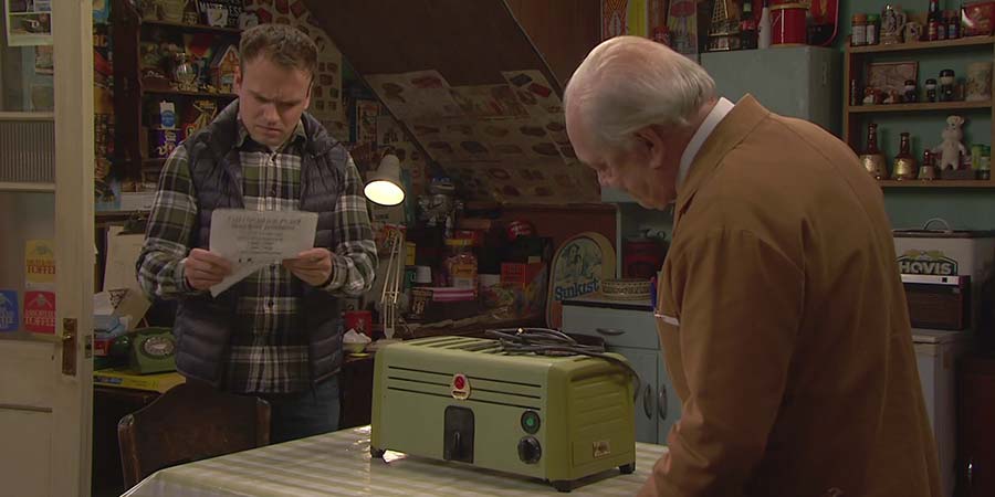 Still Open All Hours. Image shows from L to R: Leroy (James Baxter), Granville (David Jason). Copyright: BBC Studios