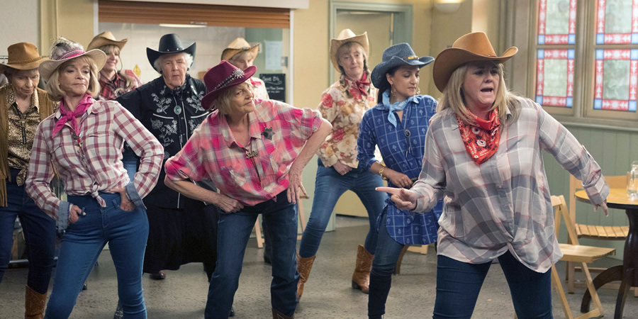 Still Open All Hours. Image shows from L to R: Madge (Brigit Forsyth), Mrs Rossi (Sue Holderness), Mrs Featherstone (Stephanie Cole), Mavis (Maggie Ollerenshaw), Jasmine (Archie Panjabi), Kath Agnew (Sally Lindsay)