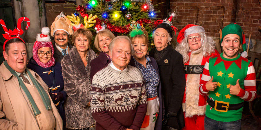 Still Open All Hours. Image shows from L to R: Wet Eric (Johnny Vegas), Mrs Hussein (Nina Wadia), Cyril (Kulvinder Ghir), Madge (Brigit Forsyth), Mavis (Maggie Ollerenshaw), Granville (David Jason), Nurse Gladys Emmanuel (Lynda Baron), Mrs Featherstone (Stephanie Cole), Gastric (Tim Healy), Leroy (James Baxter). Copyright: BBC