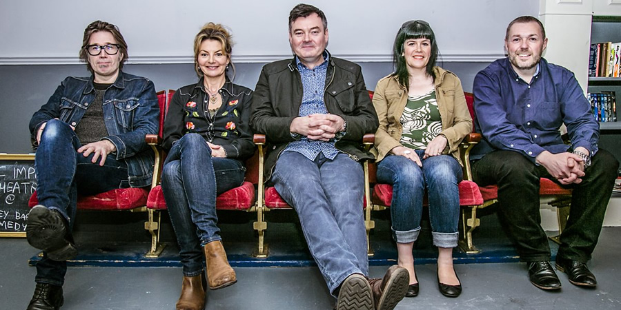 Stop The Press. Image shows from L to R: Justin Currie, Jo Caulfield, Grant Stott, Fiona Shephard, Gary Robertson. Copyright: Dabster Productions