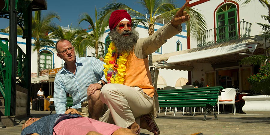 SunTrap. Image shows from L to R: Brutus (Bradley Walsh), Real Doctor (Paul Garner), Woody (Kayvan Novak). Copyright: Happy Tramp Productions