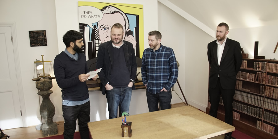 Taskmaster. Image shows from L to R: Paul Chowdhry, Al Murray, Dave Gorman, Alex Horne. Copyright: Avalon Television