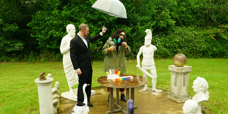 Taskmaster. Image shows from L to R: Alex Horne, Rose Matafeo. Copyright: Avalon Television