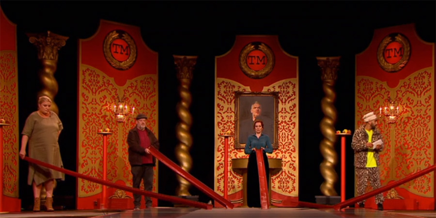 Taskmaster. Image shows from L to R: Daisy May Cooper, Johnny Vegas, Katherine Parkinson, Mawaan Rizwan. Copyright: Avalon Television