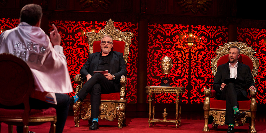 Taskmaster. Image shows from L to R: Lee Mack, Greg Davies, Alex Horne. Copyright: Avalon Television