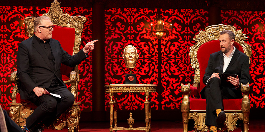 Taskmaster. Image shows from L to R: Greg Davies, Alex Horne. Copyright: Avalon Television