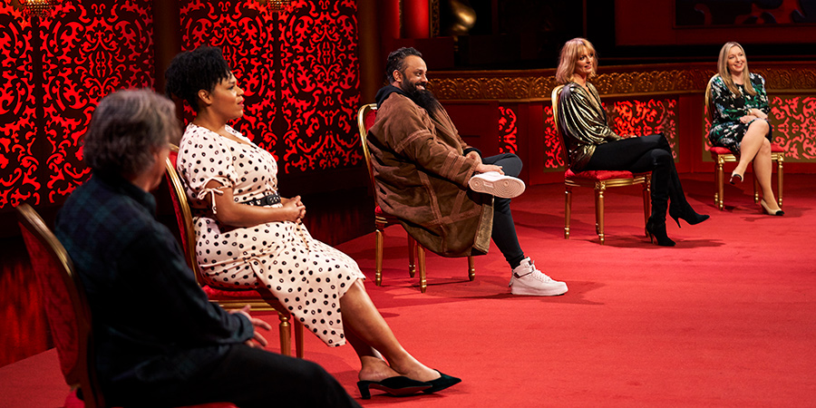 Taskmaster. Image shows from L to R: Alan Davies, Desiree Burch, Guz Khan, Morgana Robinson, Victoria Coren Mitchell. Copyright: Avalon Television