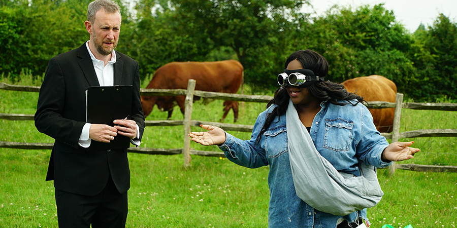 Taskmaster. Image shows from L to R: Alex Horne, Judi Love