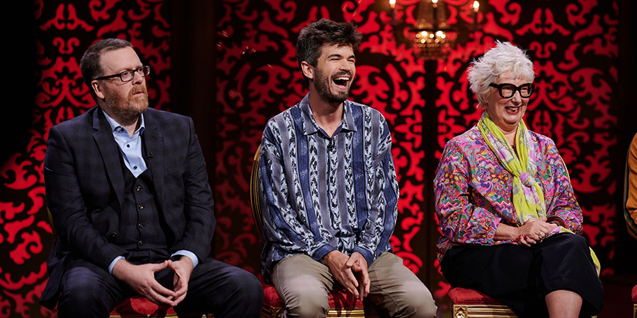 Taskmaster. Image shows left to right: Frankie Boyle, Ivo Graham, Jenny Eclair