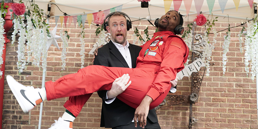 Taskmaster. Image shows left to right: Alex Horne, Kiell Smith-Bynoe